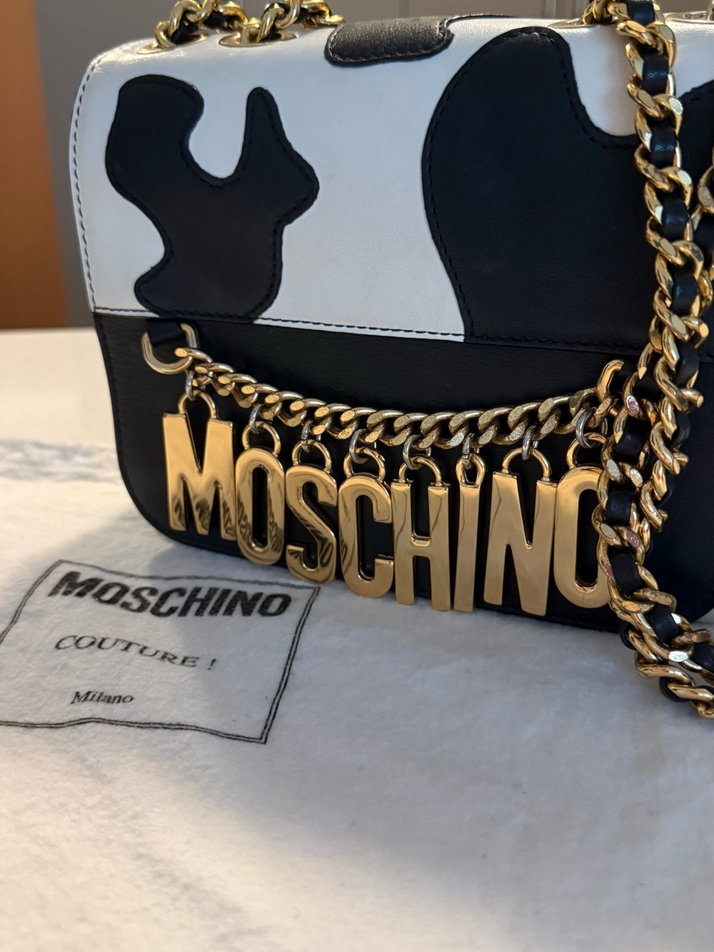 Moschino Black and White Leather Chain Shoulder Bag with Gold Logo